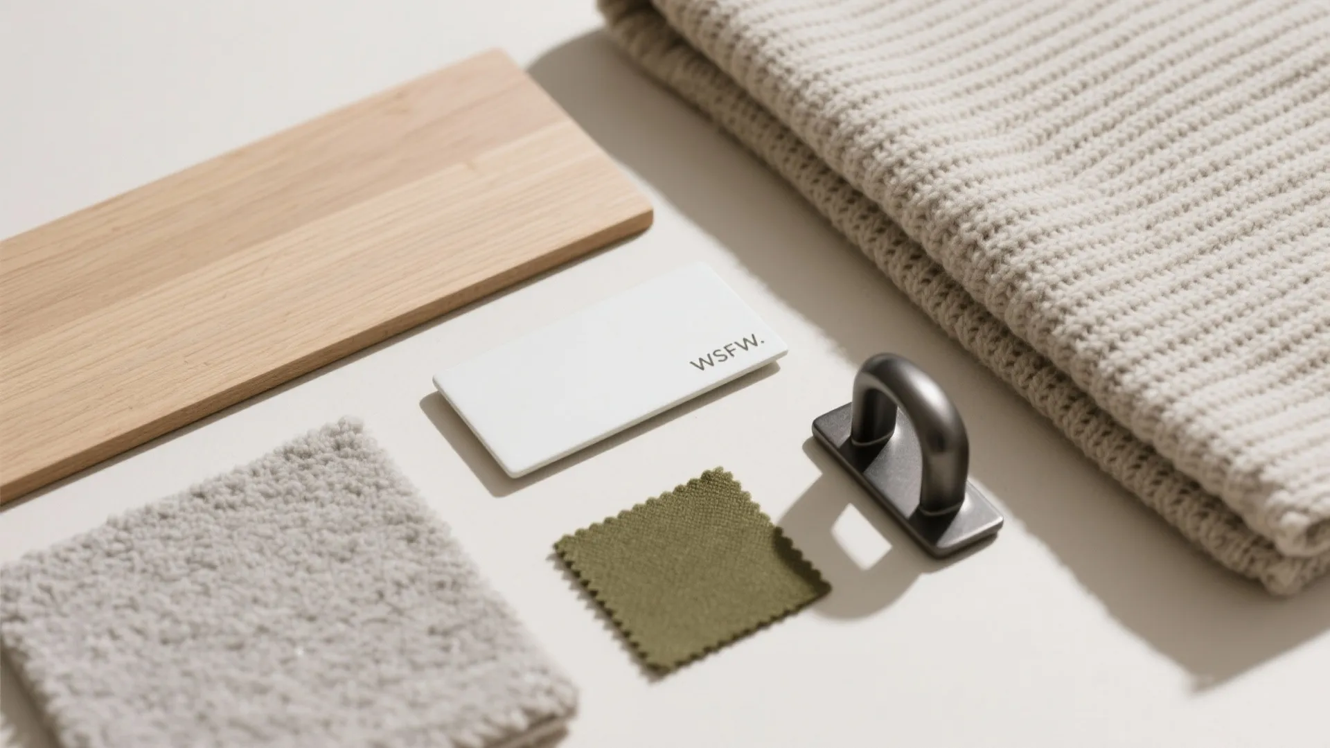 Interior design material samples featuring light wood green fabric grey carpet metal handle and knitted textile
