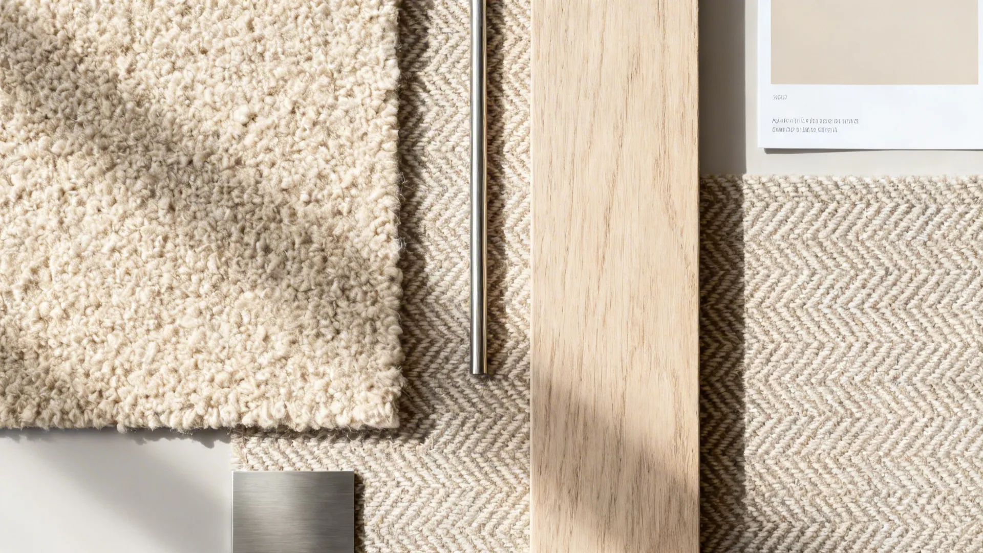Flat lay of beige bouclé, herringbone textile, pale ash wood, and neutral paint chips.