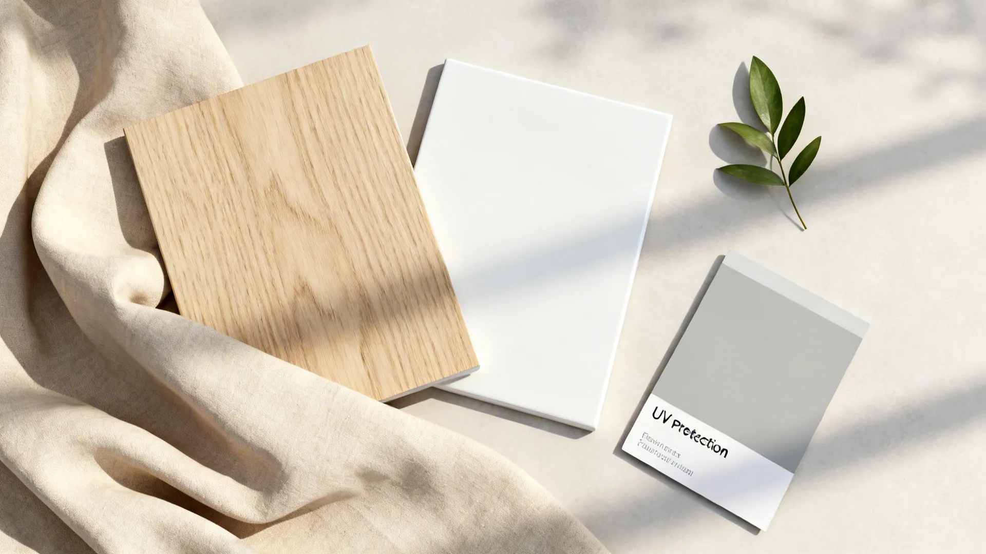 Top-down flatlay of pale oak veneer, matte white lacquer, and neutral textiles for Scandinavian style.