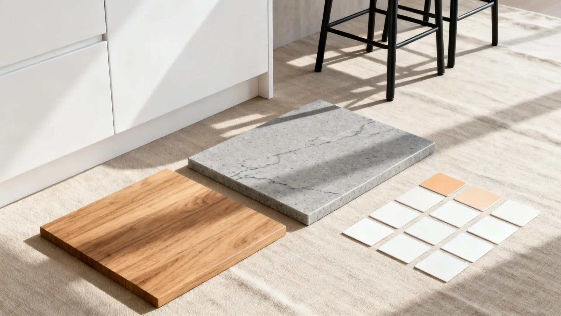 Flat lay of matte white cabinetry, oak veneer, gray stone, and slim black metal finishes.