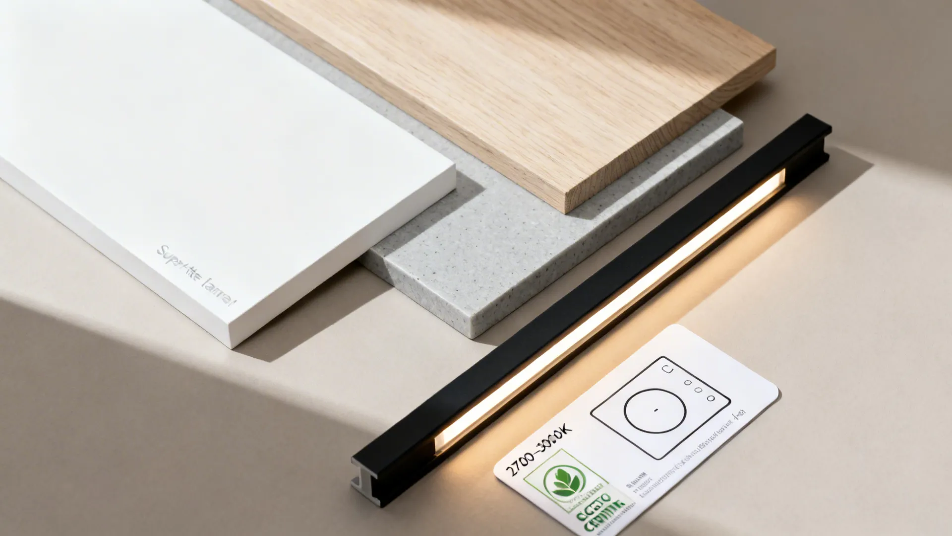 Flat lay with matte white laminate, pale oak veneer, gray quartz, and warm LED strip for a Scandinavian kitchen.