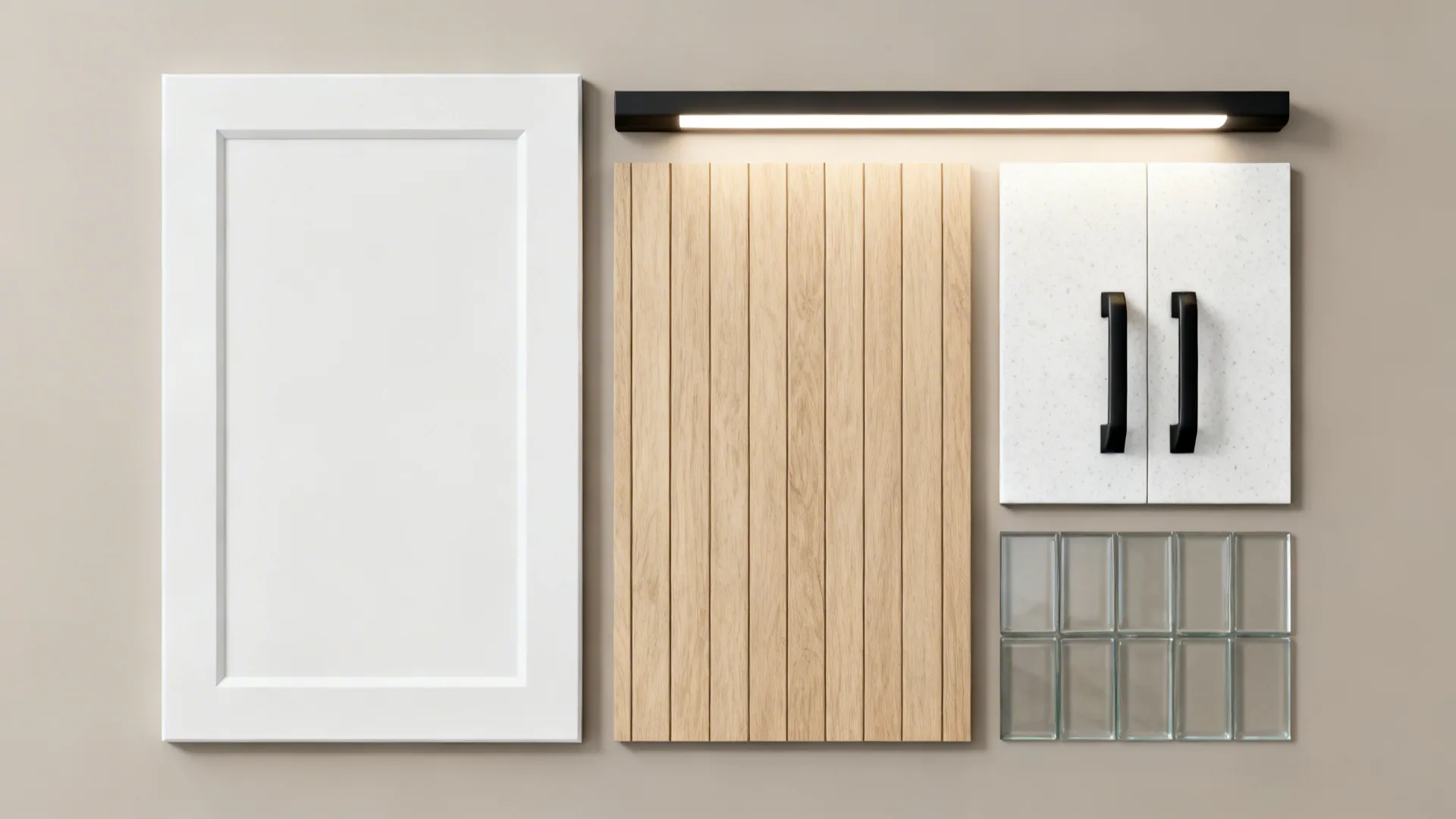 Material flat lay with white slab door, light oak veneer, quartz, black hardware, LED strip, and glass.