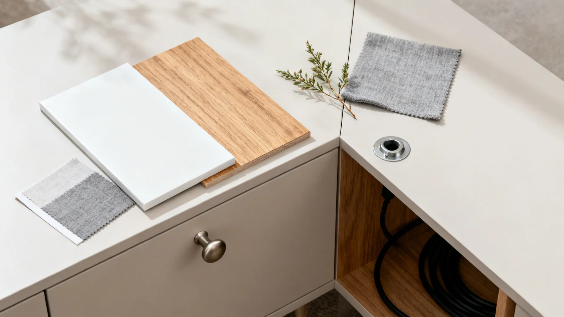 Flat lay of white lacquer, oak veneer, gray fabric, and hardware for a Scandi media unit