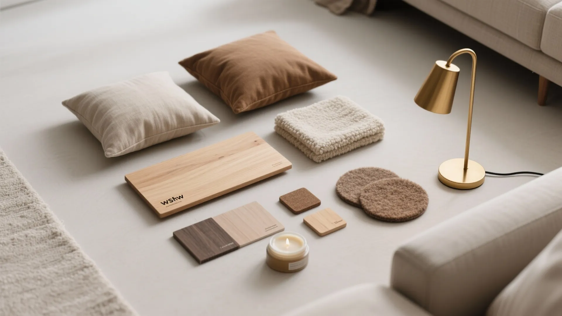 Top-down flatlay of oak and ash samples with linen and bouclé fabrics and felt pads in Nordic tones.
