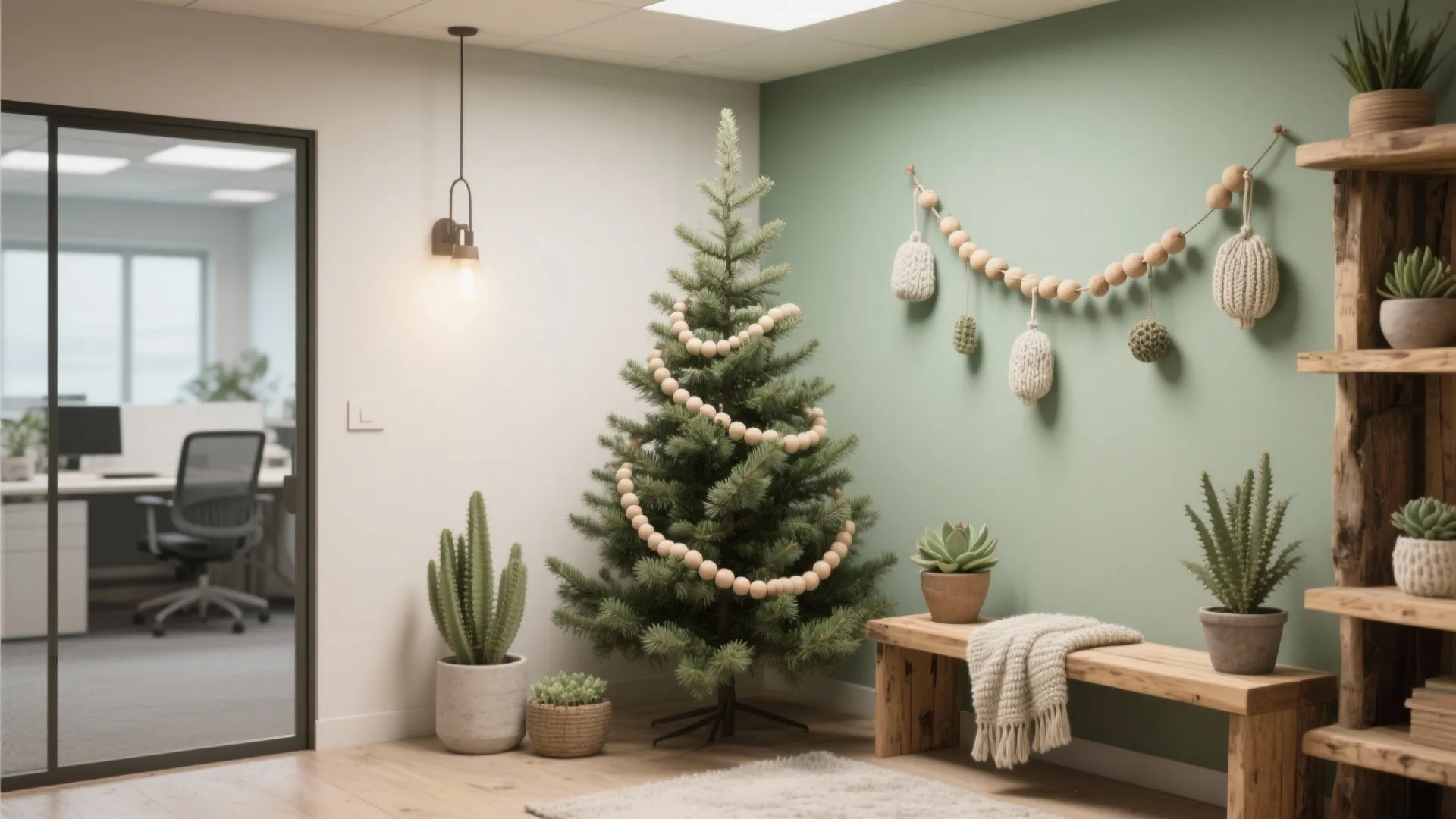 Cozy office corner with green wall featuring Christmas tree decorated with beads and wooden bench
