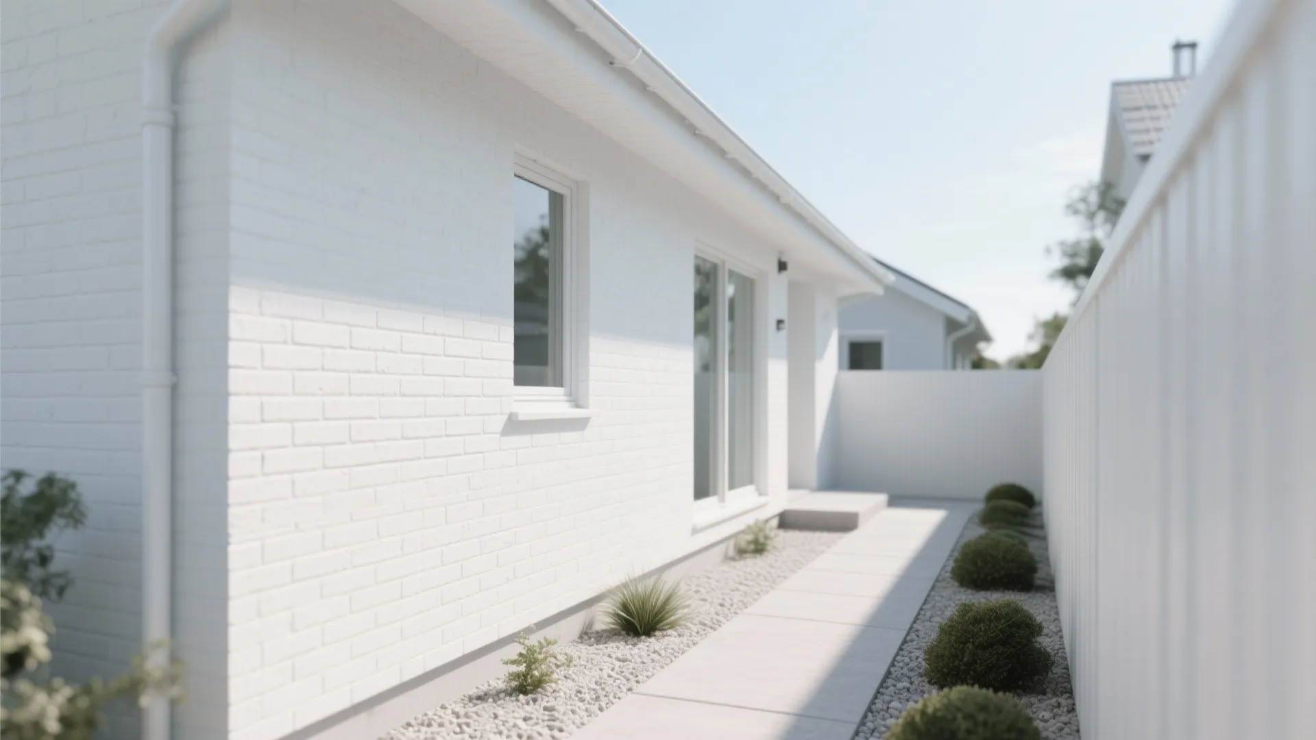 Modern white brick house exterior with stone walkway small green plants under a bright sky