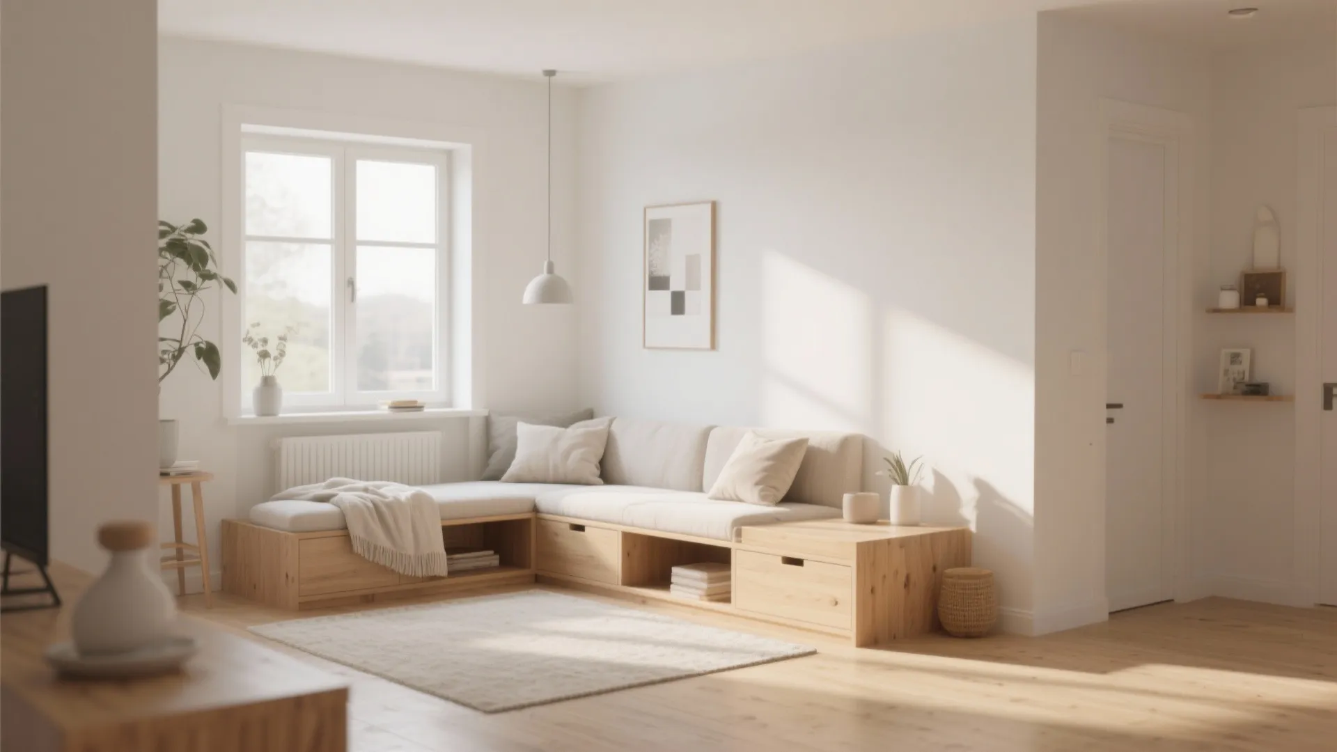 Minimal Scandinavian small living room with light wood storage and abundant daylight.