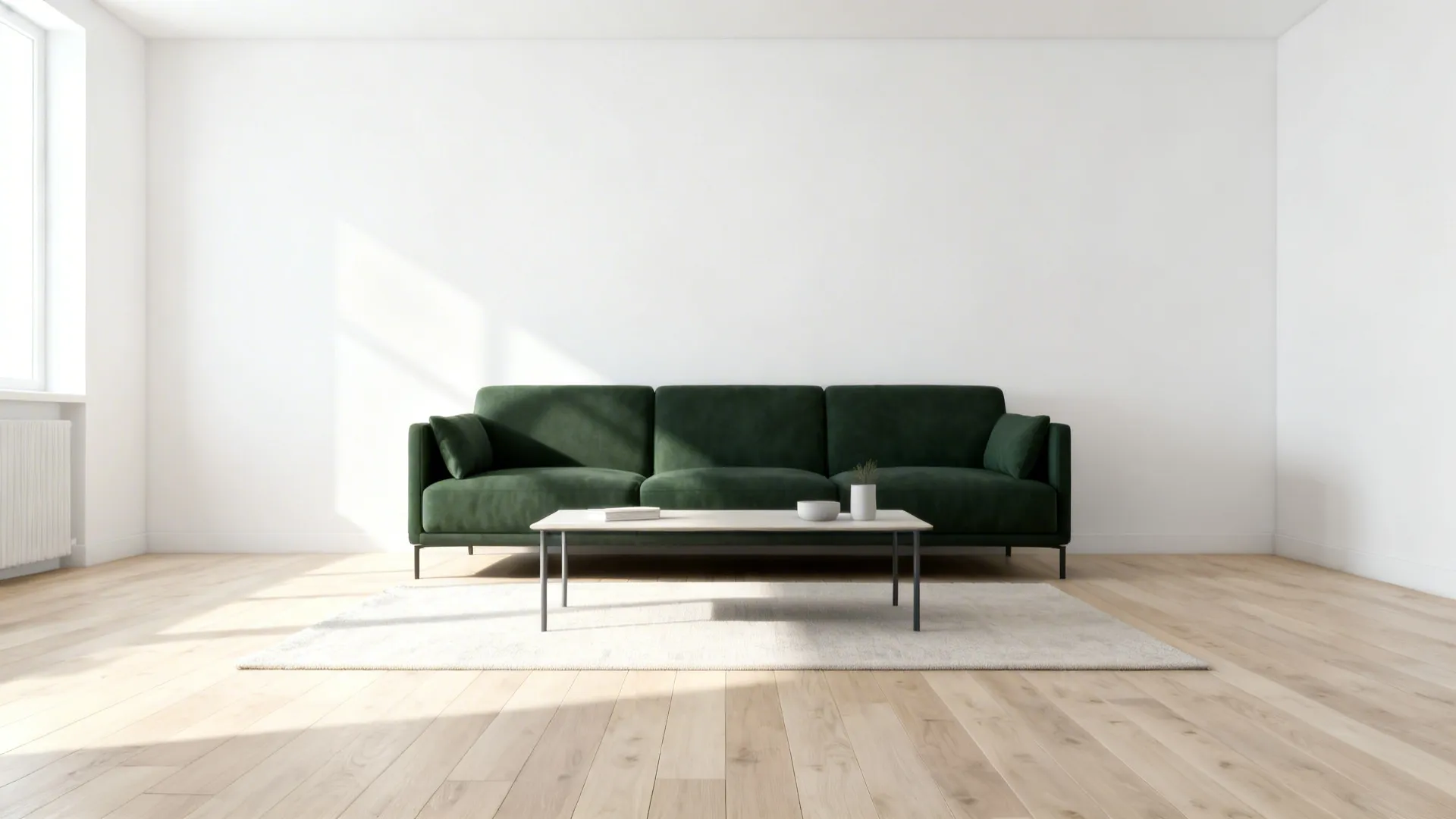 Scandinavian living room with a dark green sofa, white walls and pale wood floors