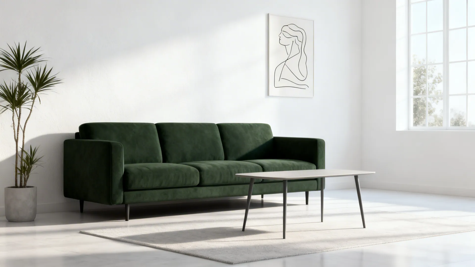 Scandi-style room with dark green couch against white wall and slim furniture