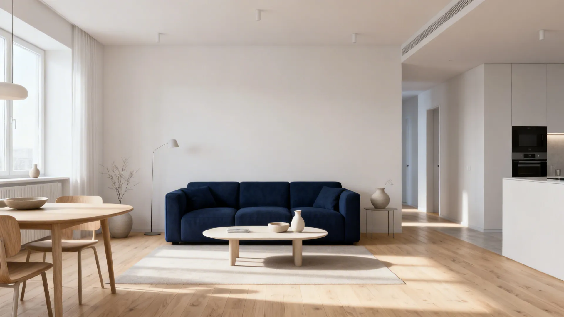 Minimal Scandinavian room with a navy sofa on pale oak floors and clean-lined furniture