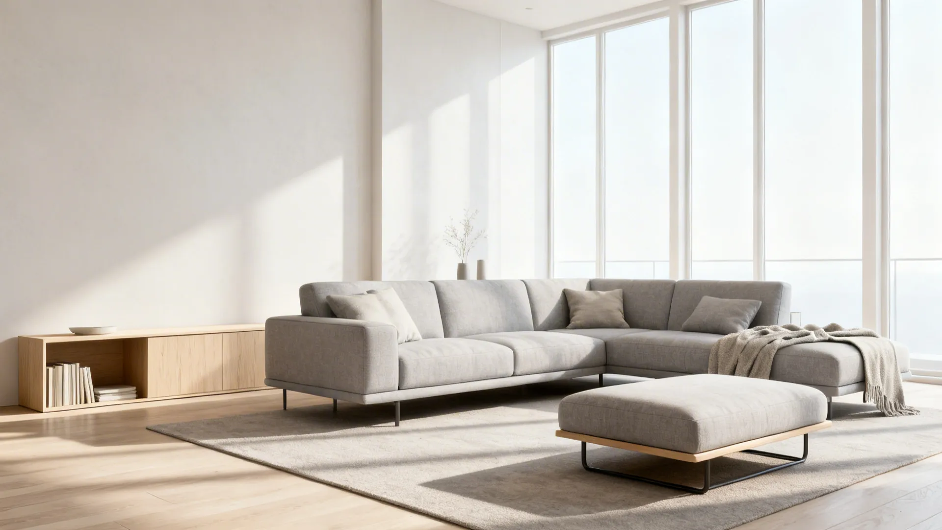 Modern minimalist living room with grey sofa, footrest, wooden cabinet, large windows, and natural bright sunlight