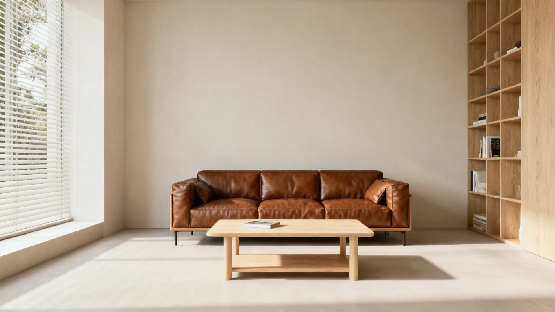 Airy Scandi living room with a brown leather sofa and pale wood furniture.