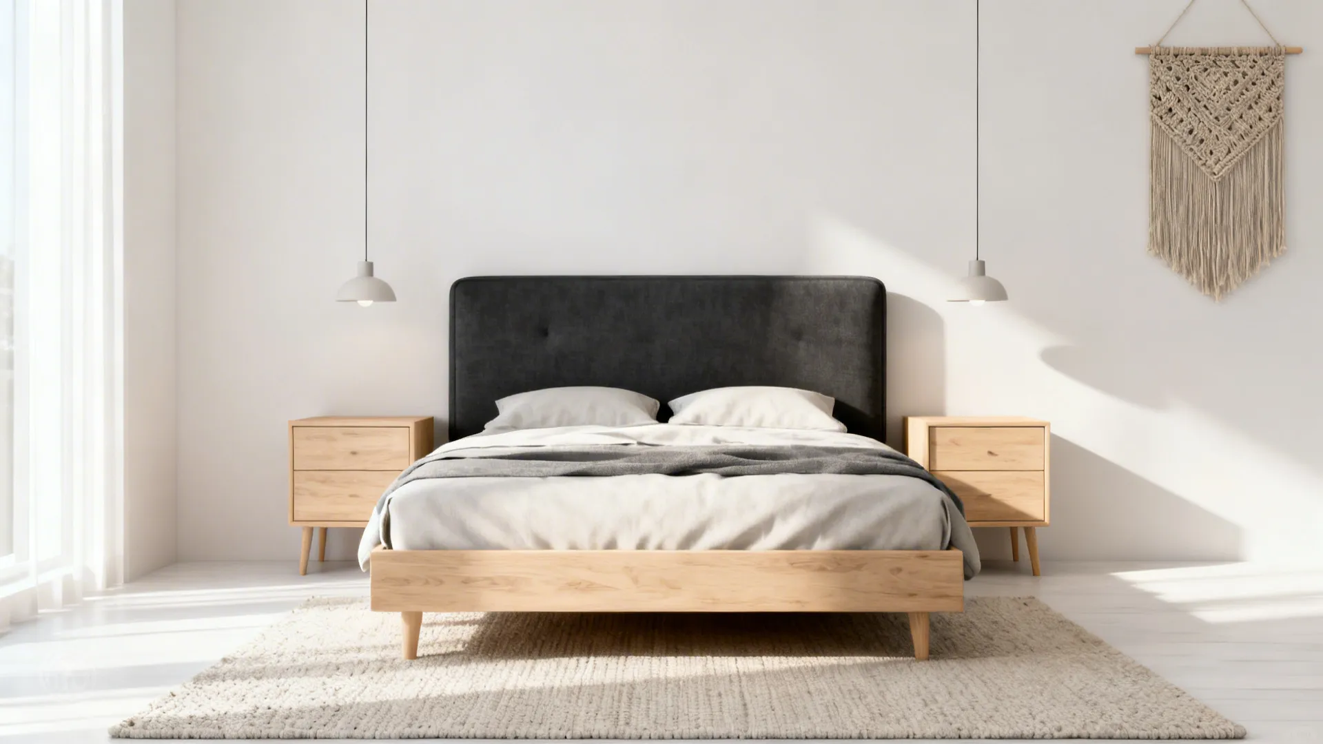 Scandinavian bedroom with charcoal headboard, pale oak furniture and woven wall hanging.