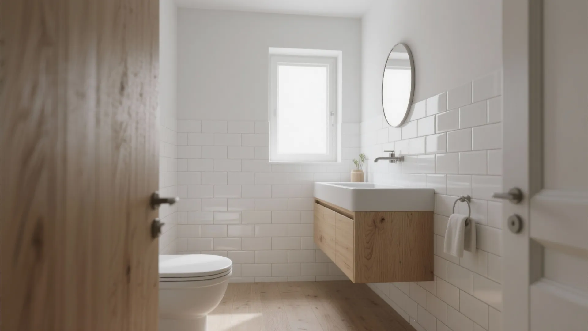 1. Scandinavian Minimal: White Tiles + Light Ash Vanities