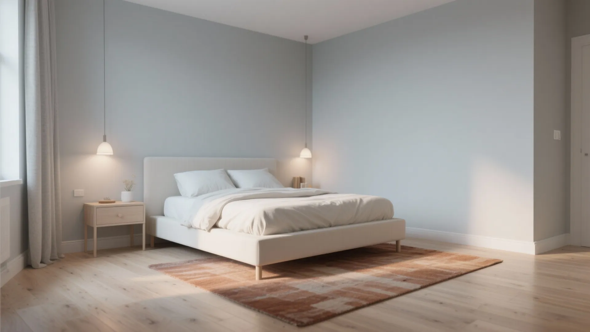 Minimalist white bedroom with a large rug wooden floor small nightstand and soft hanging lights