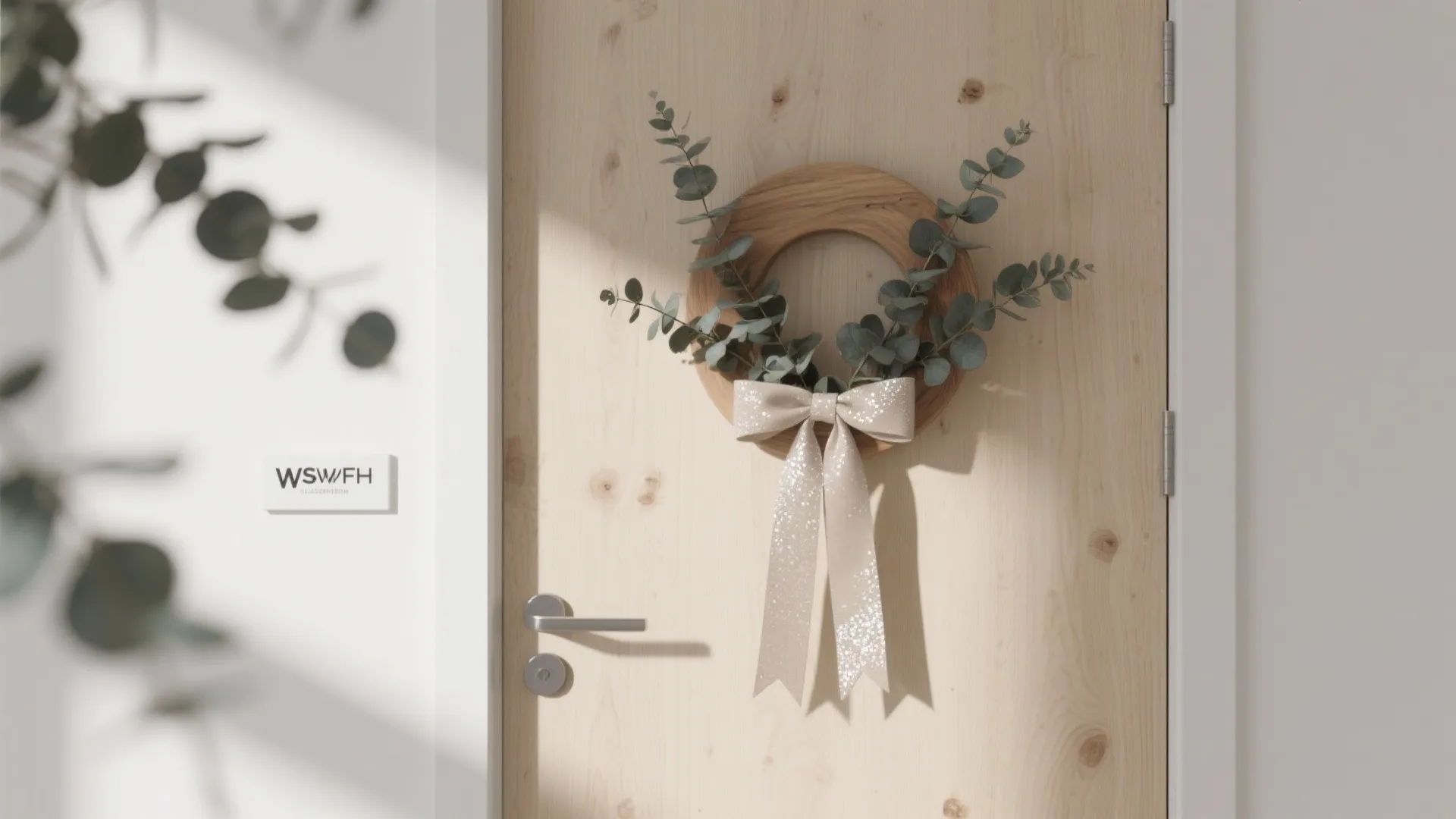 Light wood door featuring a simple green plant wreath with a beige ribbon and bow