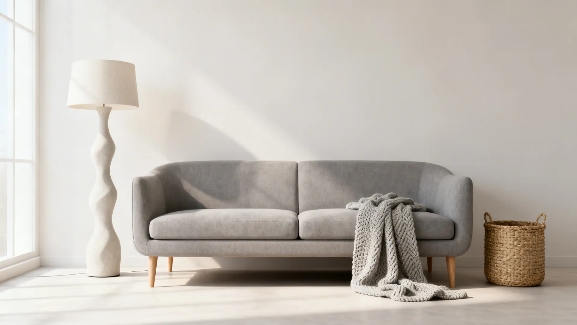 Minimal Scandinavian living room with a grey sofa, pale walls and sculptural lamp