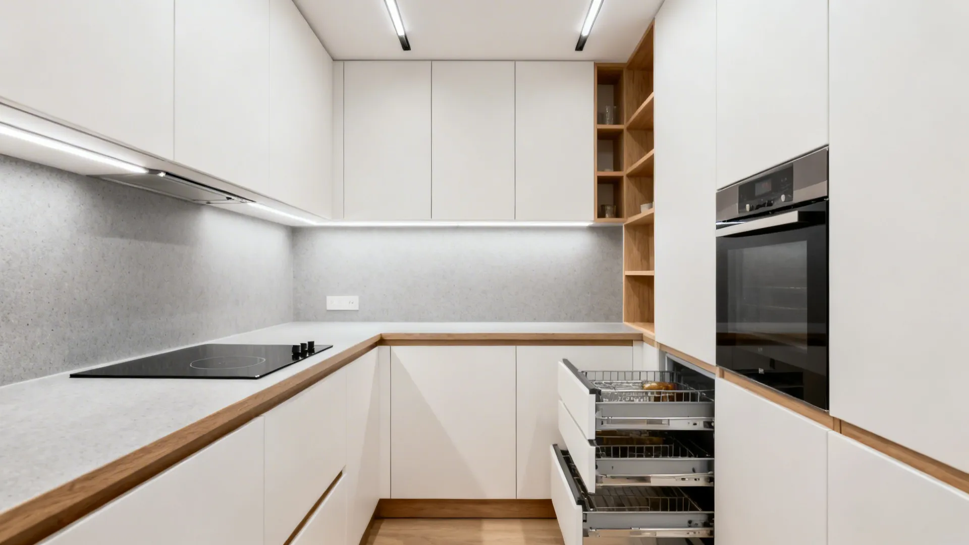 Scandinavian minimalist kitchen with matte white fronts, pale oak accents, and slim induction in soft daylight.
