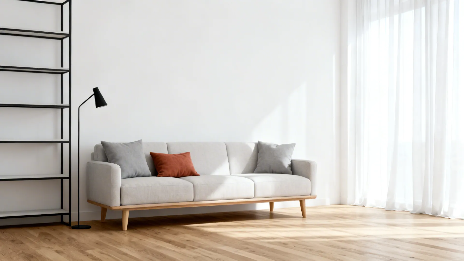 Minimal Scandinavian living room with white walls, light-grey accents and slim black frames