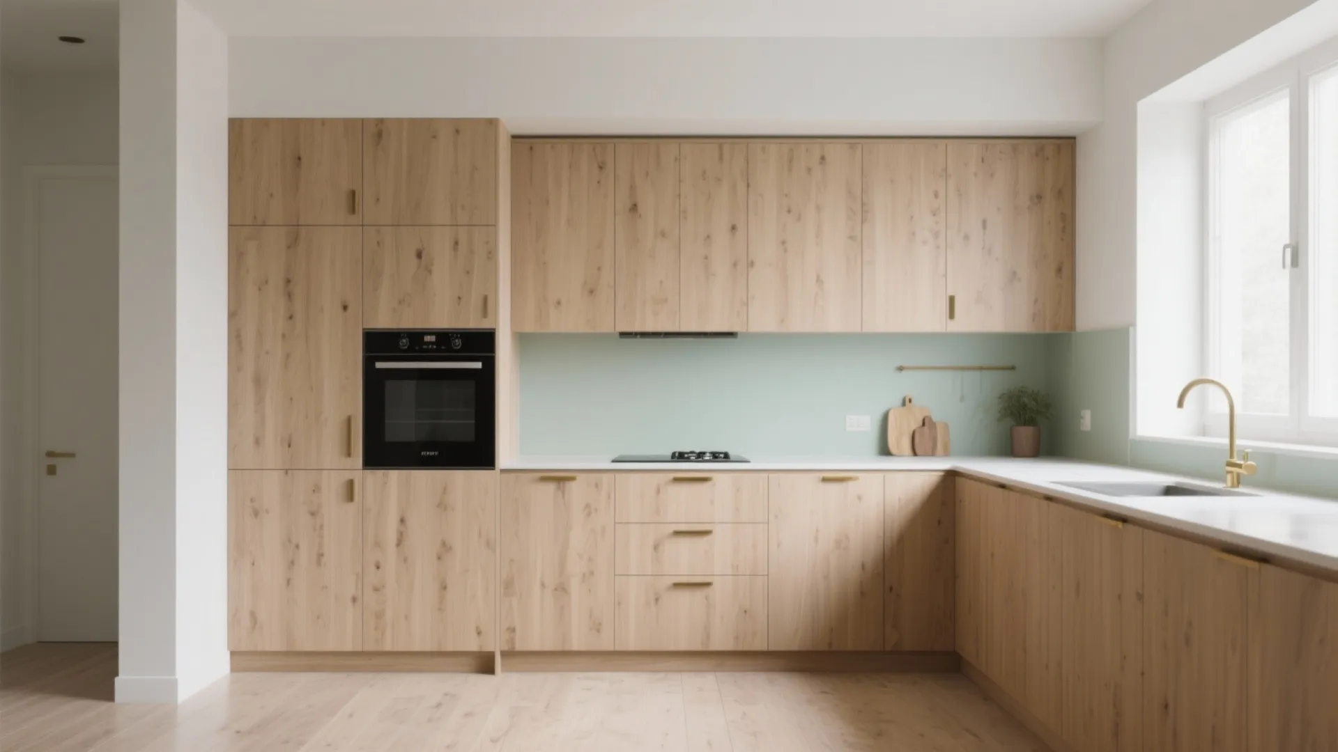 3. Scandinavian Minimal Oak with Slim Handles