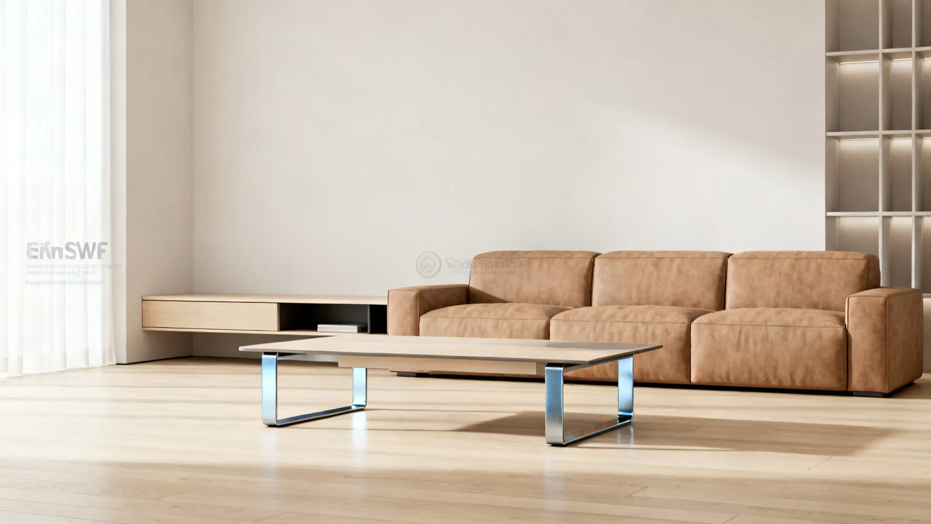 Scandinavian minimal living room with a light brown sofa and slim hidden storage behind it.