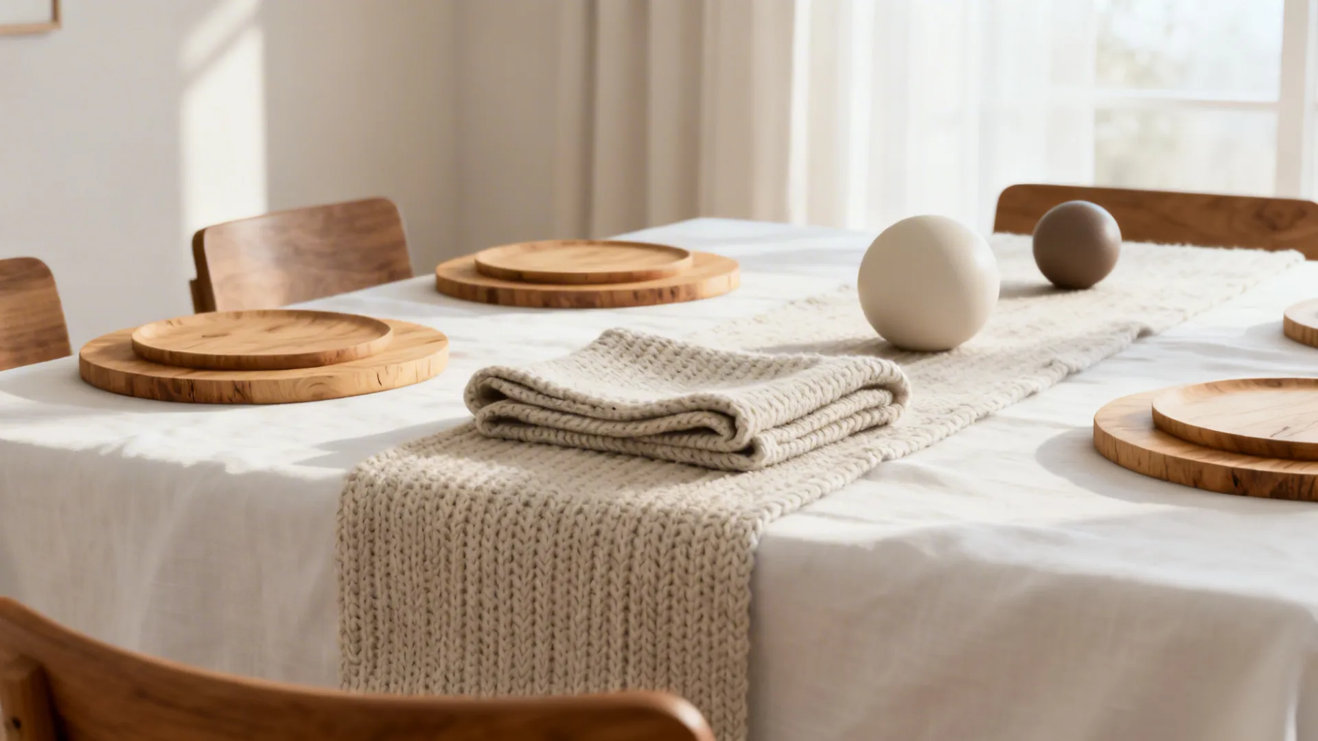 White dining table with woven runner, wooden plates, folded cloth napkin, and decorative round balls
