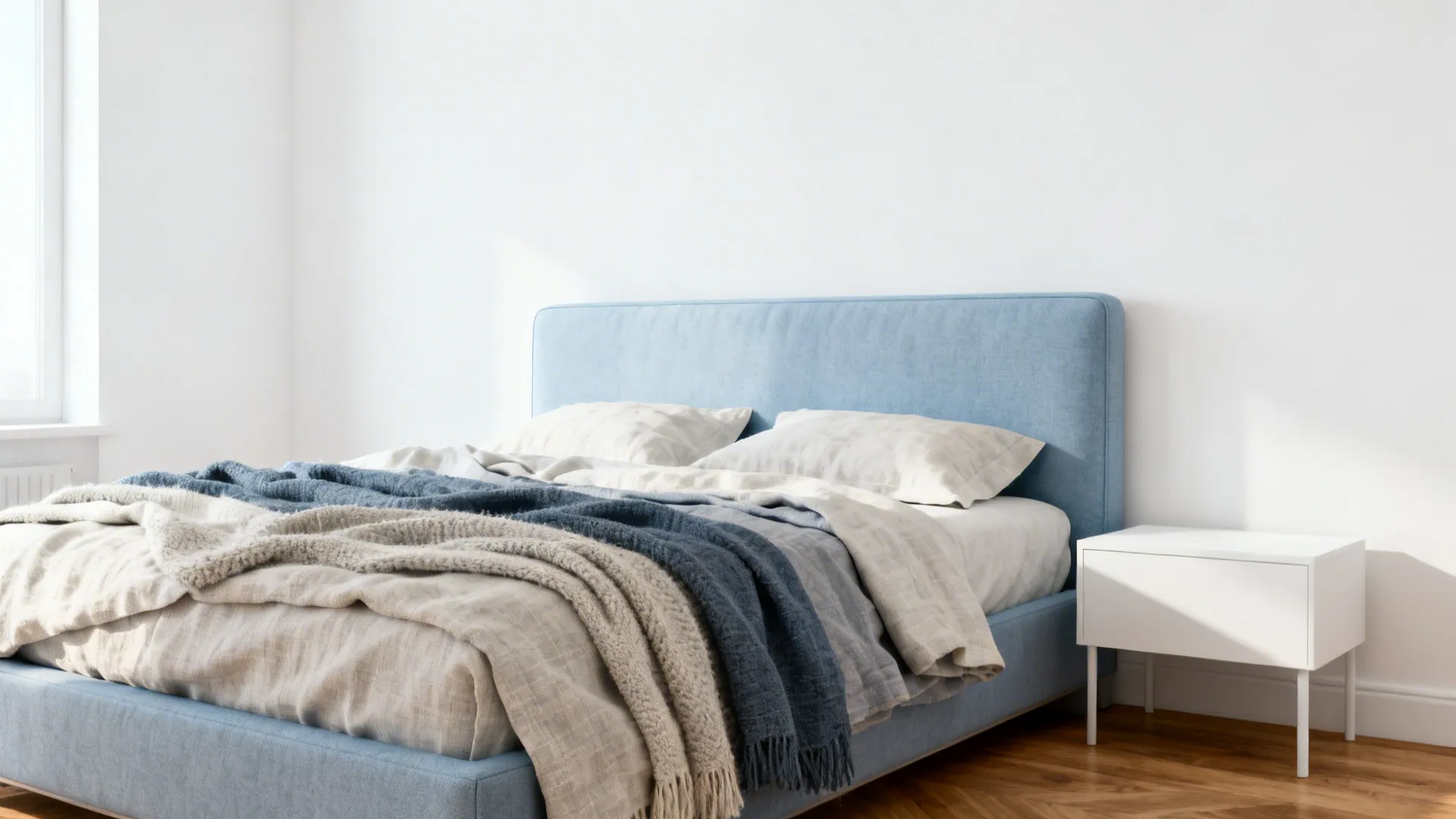 Minimal Scandinavian bedroom with white walls and a light blue headboard layered with textured linens.