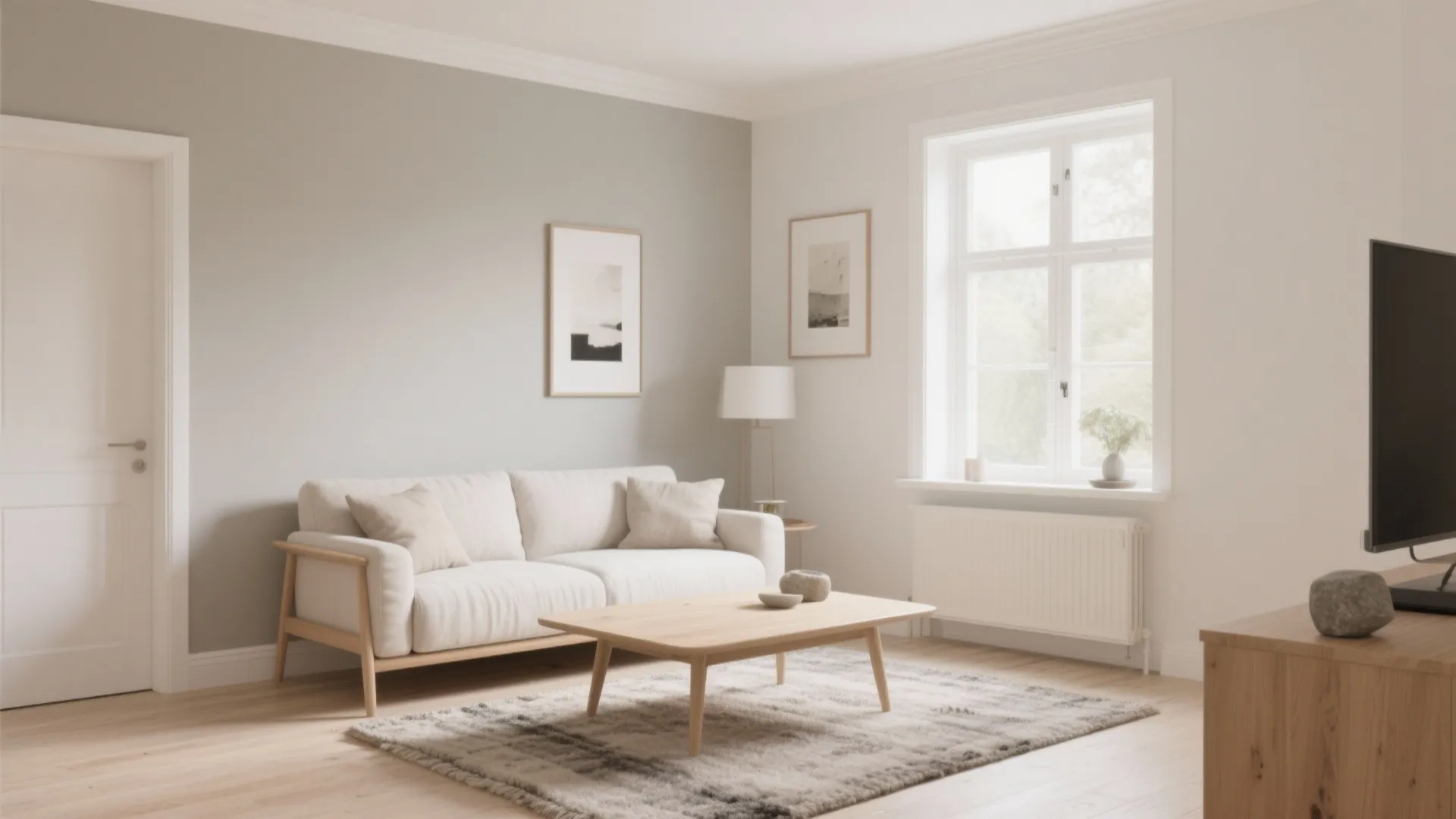 Bright Scandinavian living room with white sofa wooden coffee table light grey walls and windows