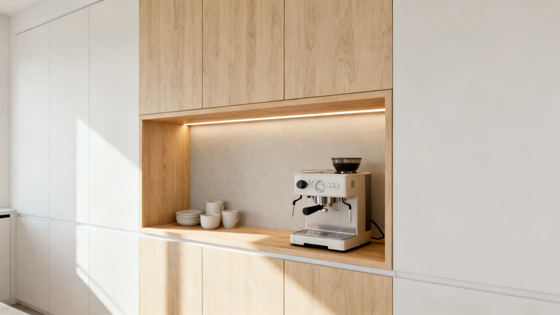 Modern white and wood kitchen cabinet niche featuring a coffee machine cups and warm light