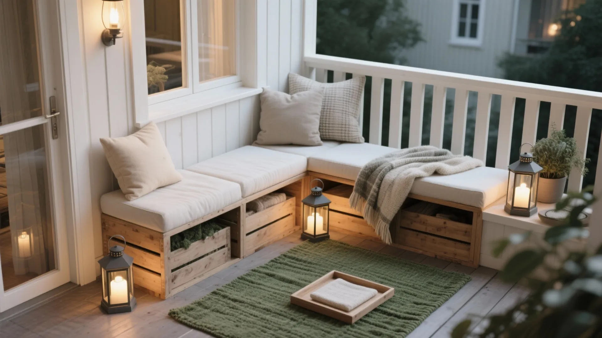 White wooden balcony corner with built-in bench seating, storage boxes, green rug, pillows, and lanterns