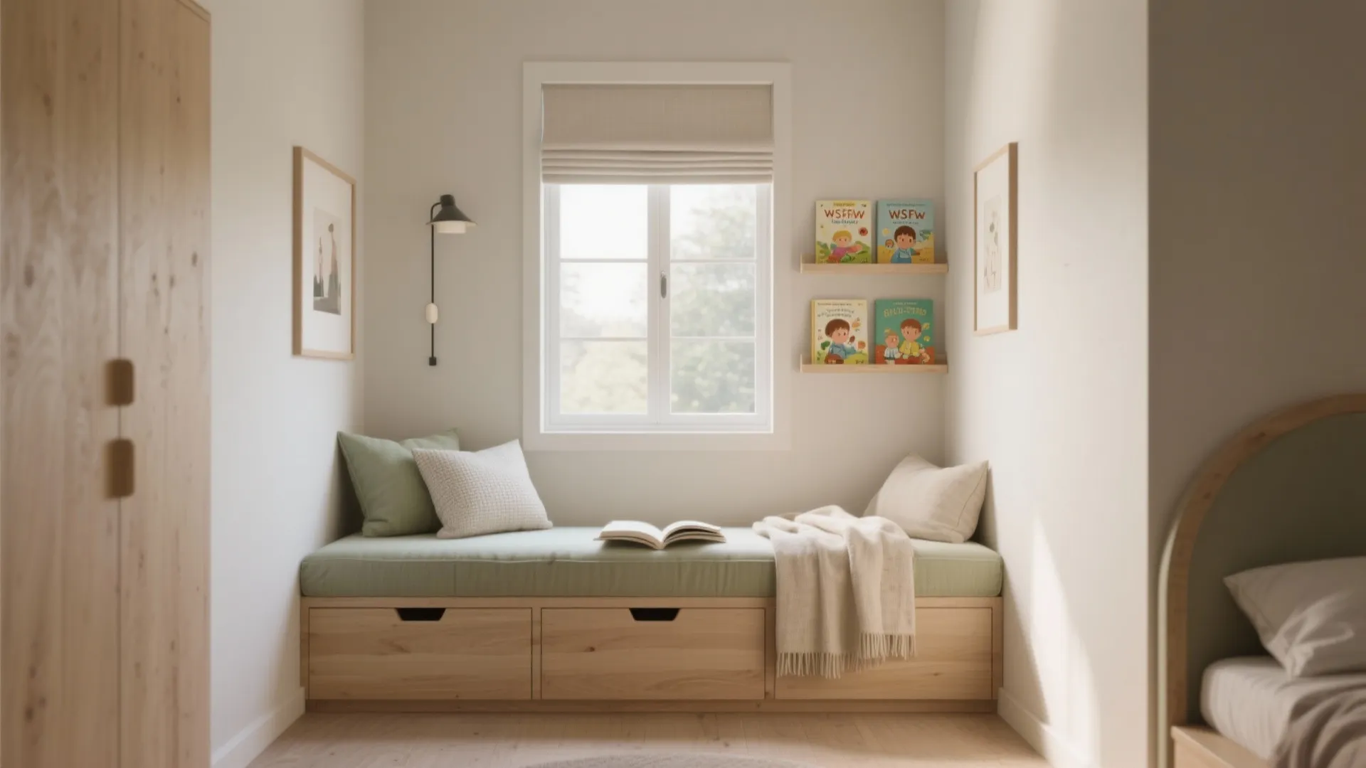 Cozy reading corner with built-in wooden bench, green cushions, wall light, and small bookshelf nook