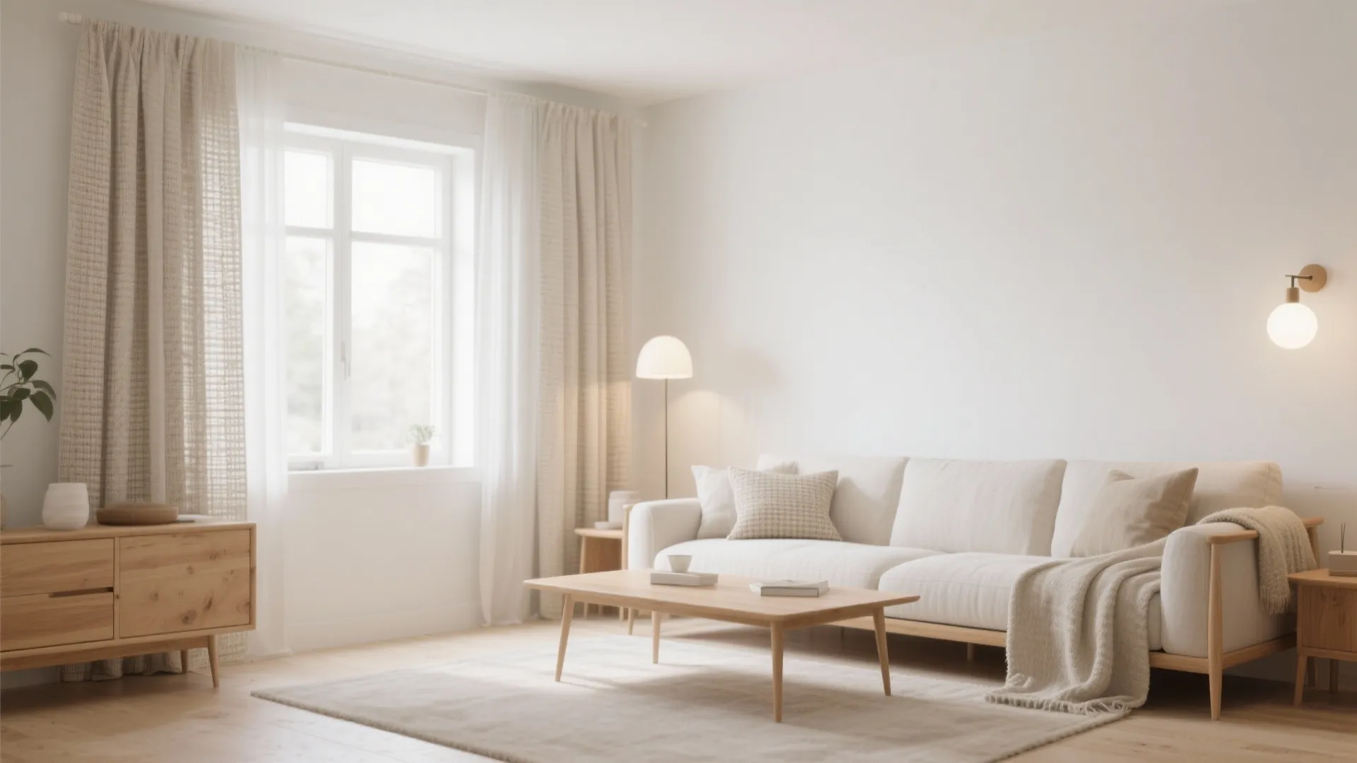 Modern bright living room with white sofa wooden coffee table light floor rug and wall light