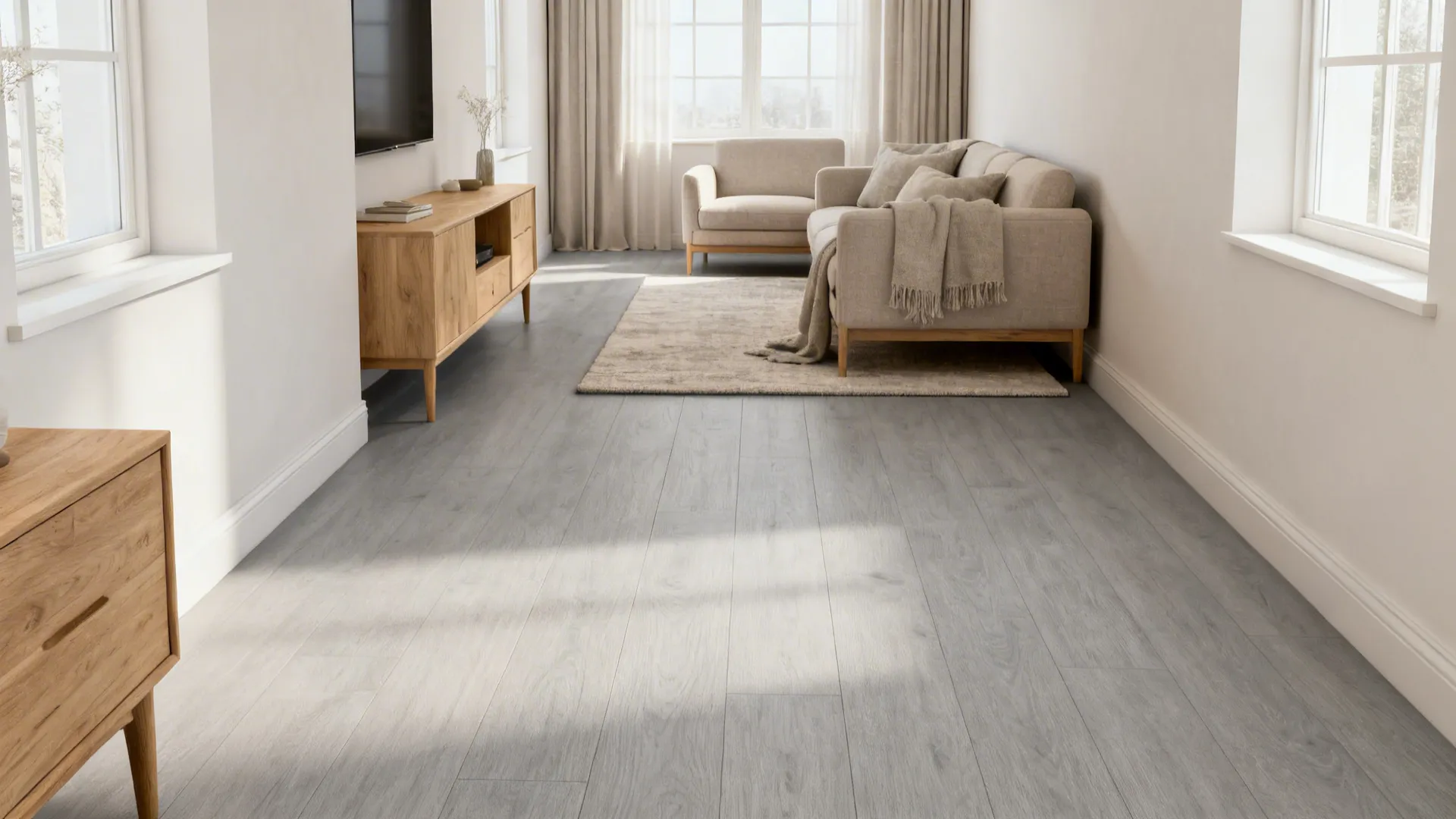 Narrow living room with pale grey wide-plank floors, warm wood furniture and a mid-tone rug
