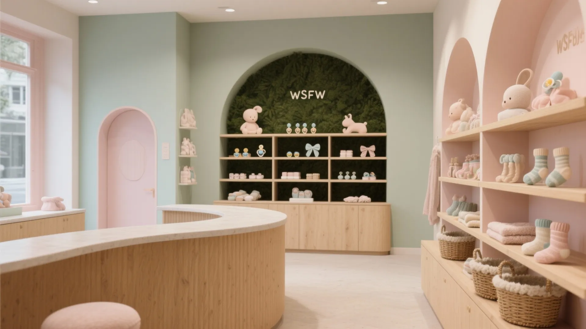 Retail store interior with light green walls wood shelving pink arched doorways and curved service counter