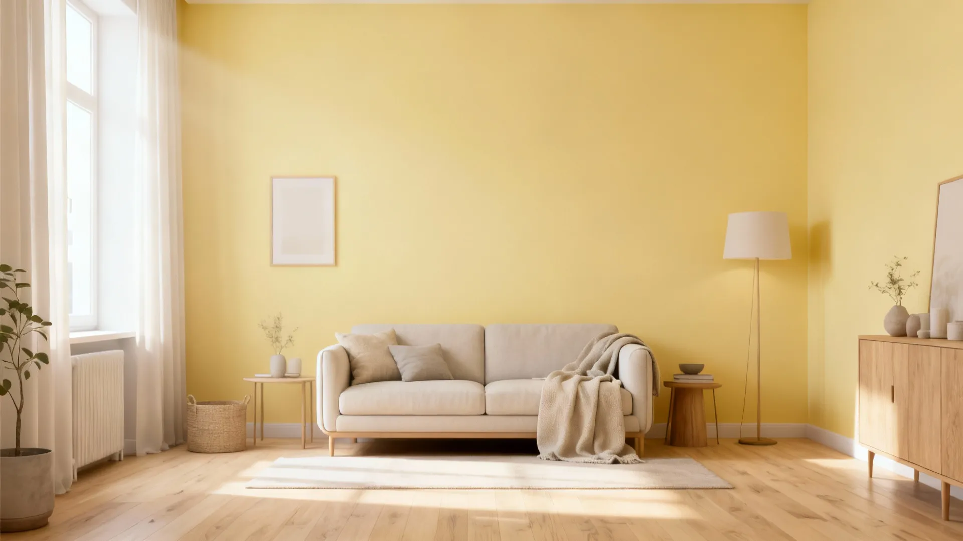 Scandinavian small living room with warm pastel yellow walls, pale oak floors and minimal decor.
