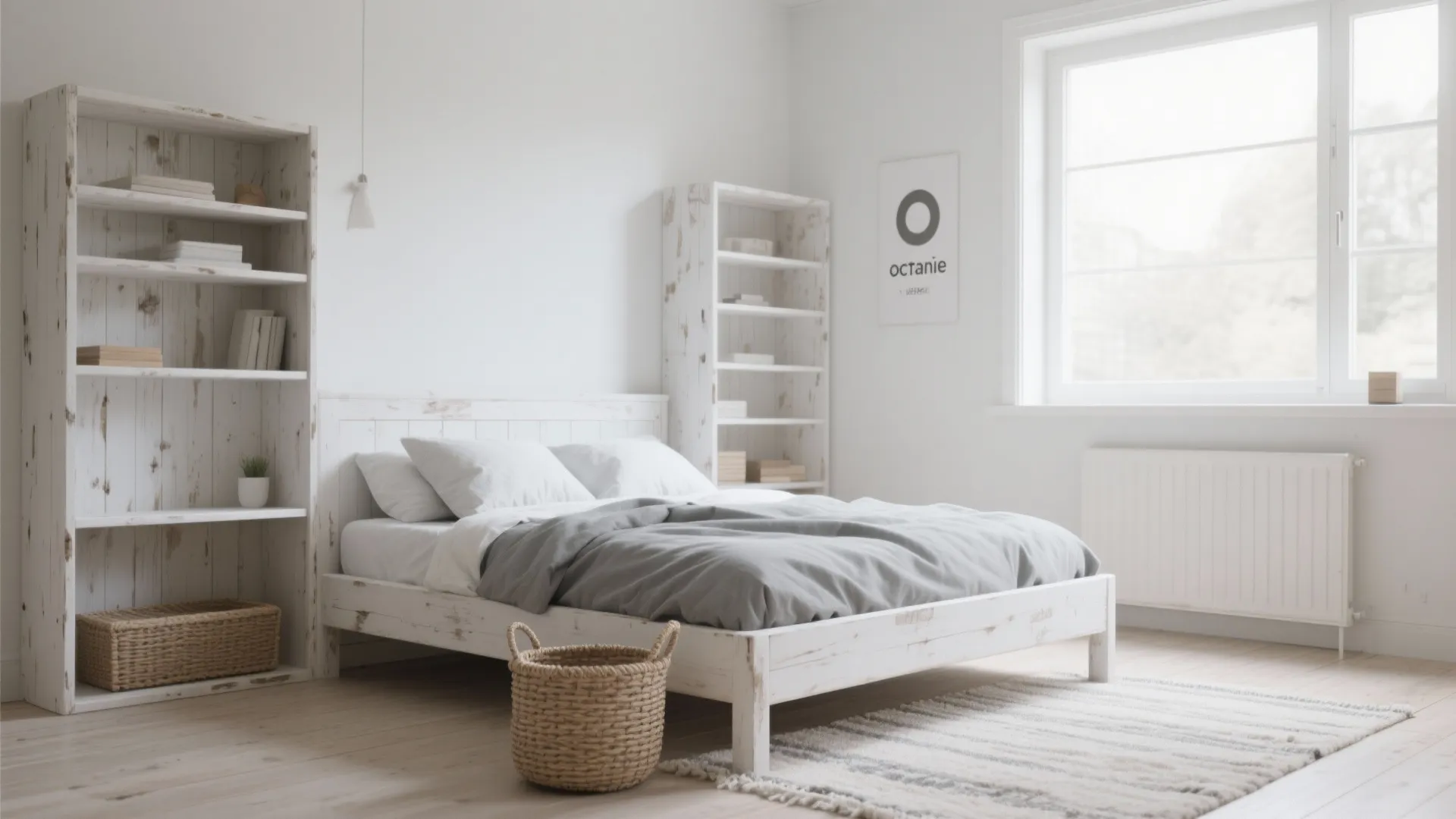 Bright white bedroom featuring rustic wood bed frame tall bookshelves woven baskets and large sunny window