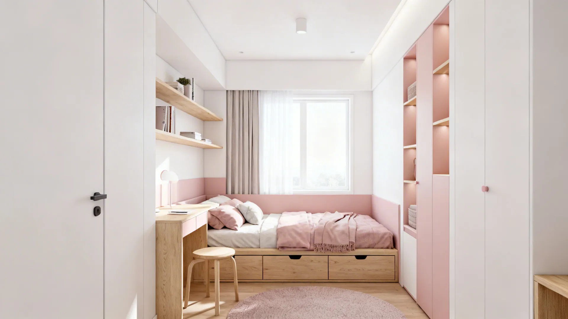Scandinavian tiny bedroom with pale pink accents, white space, light oak furniture and hidden storage.