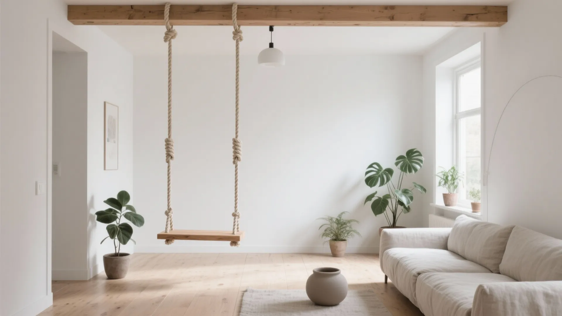 Minimalist white living room featuring a wooden indoor swing hanging from a solid ceiling beam
