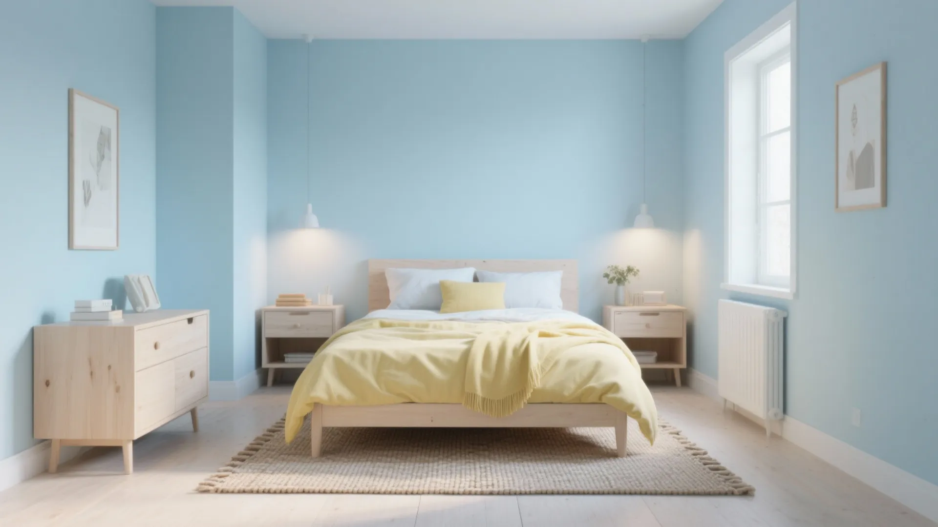 Scandinavian bedroom with powder blue walls, pale wood furniture and soft lemon textiles