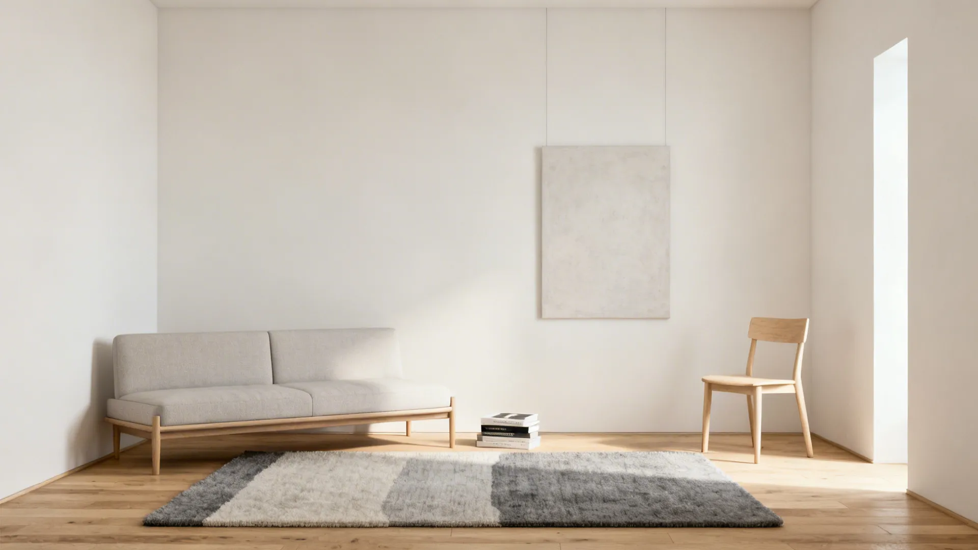 Minimal display of Scandinavian design examples: slim sofa, wooden chair, layered rug, and neutral palette.