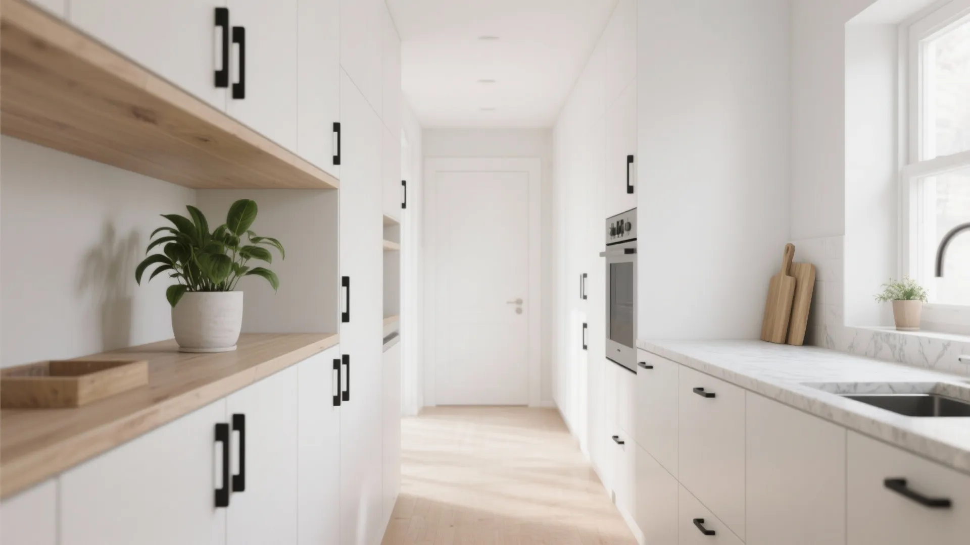 Minimalist white kitchen hallway with white cabinets black handles wooden shelves green plant marble countertop