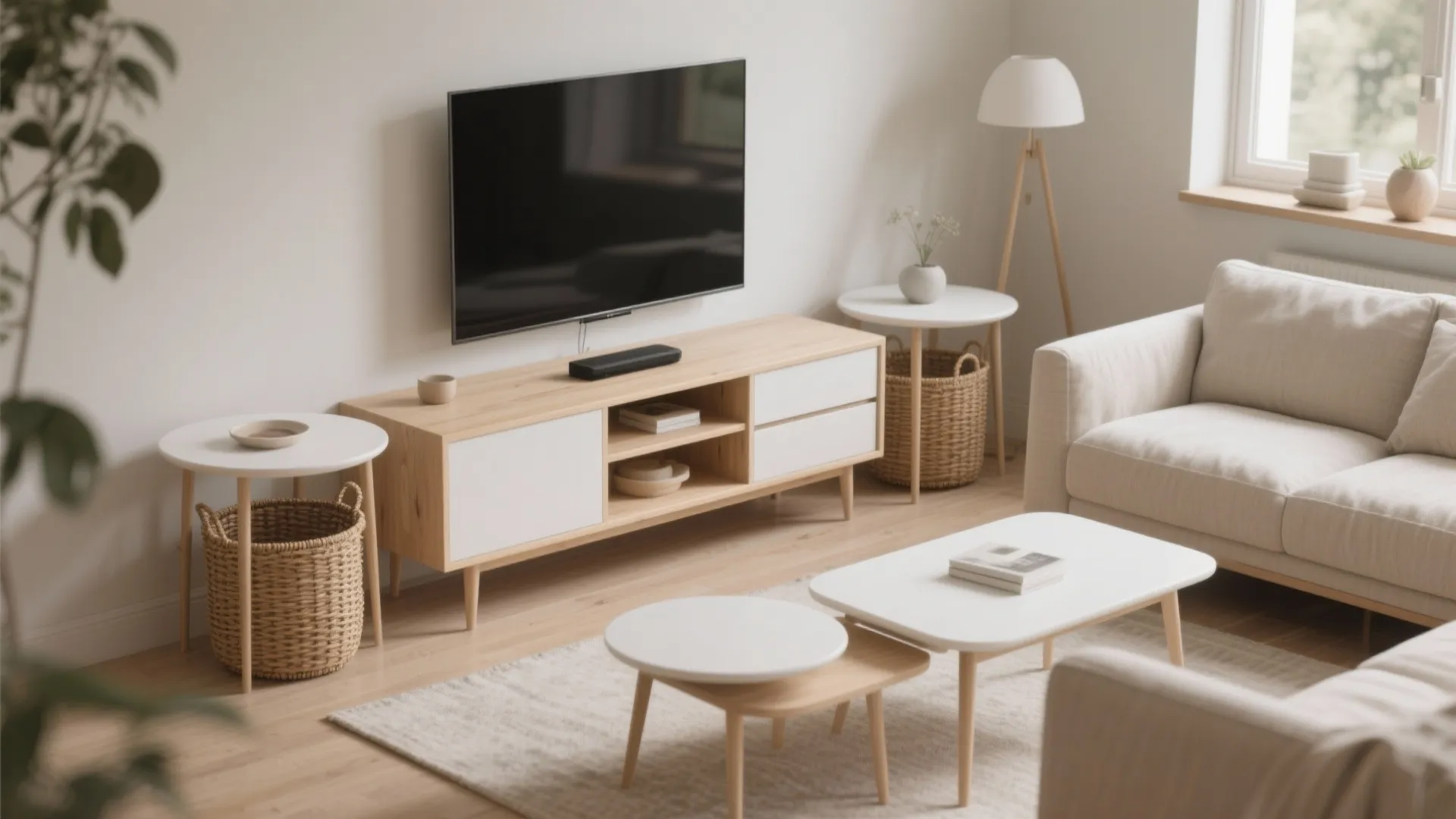 Light wood living room with white sofa small side tables floor lamp and television unit