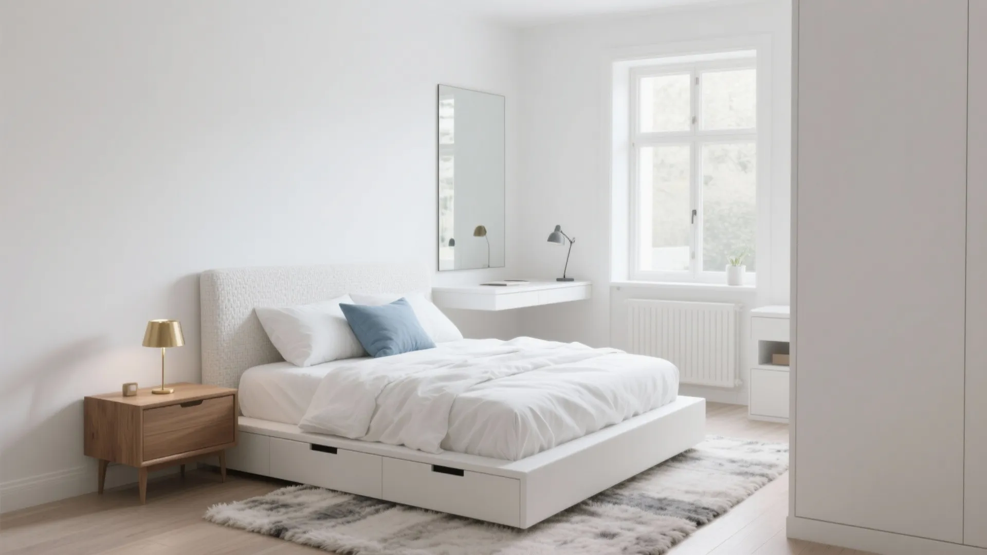 Modern white bedroom with wooden nightstand gold table light blue pillow and large bright window