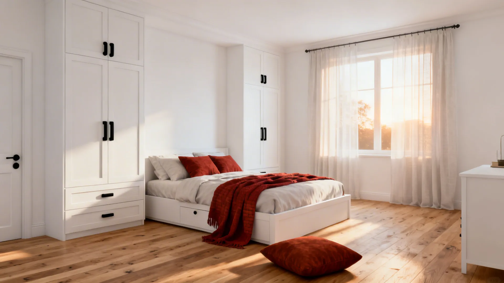 Scandinavian bedroom with white walls, light wood accents and muted brick-red textiles.