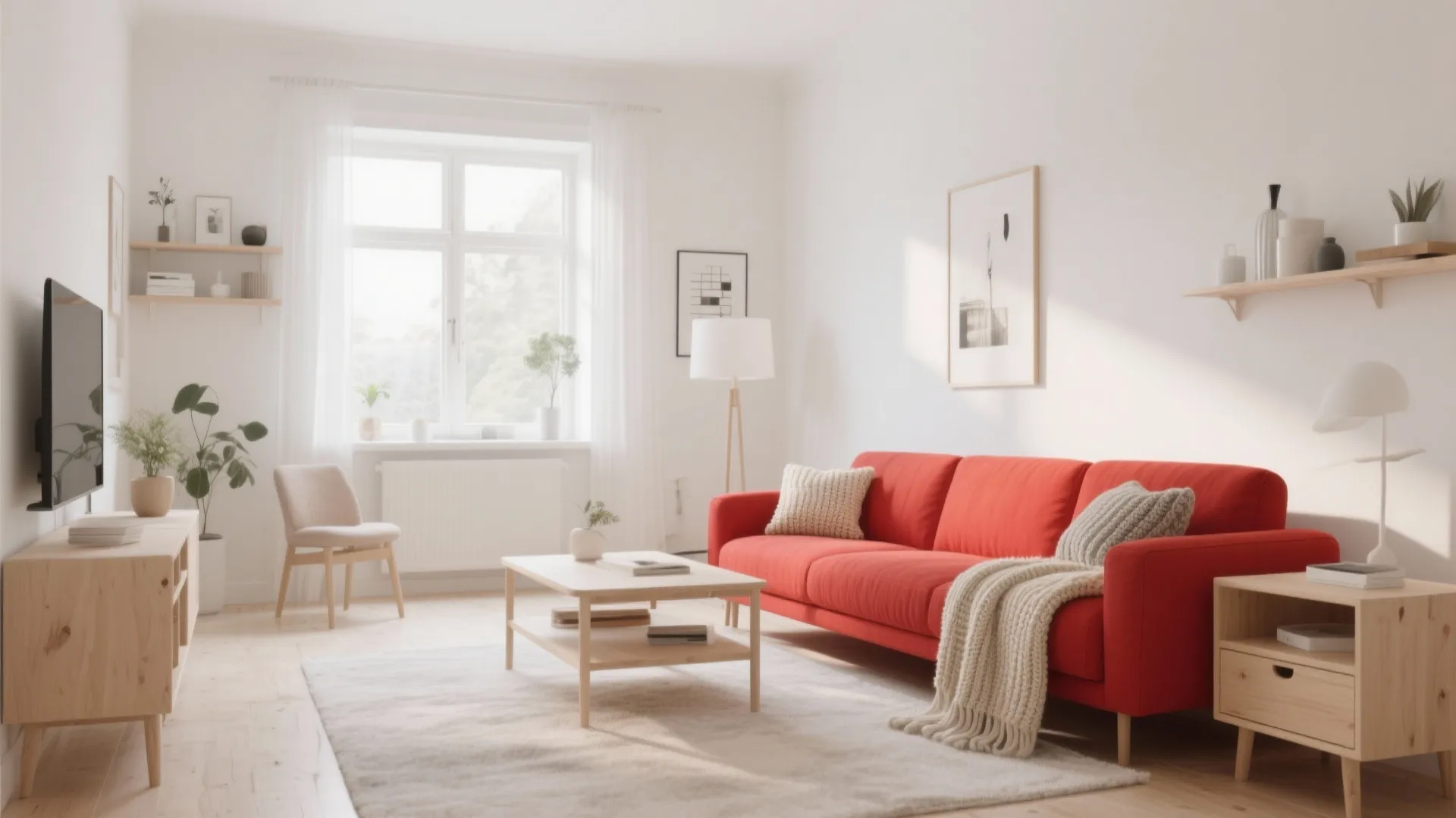 Bright minimalist living room with red sofa, light wood furniture, white walls, and natural light