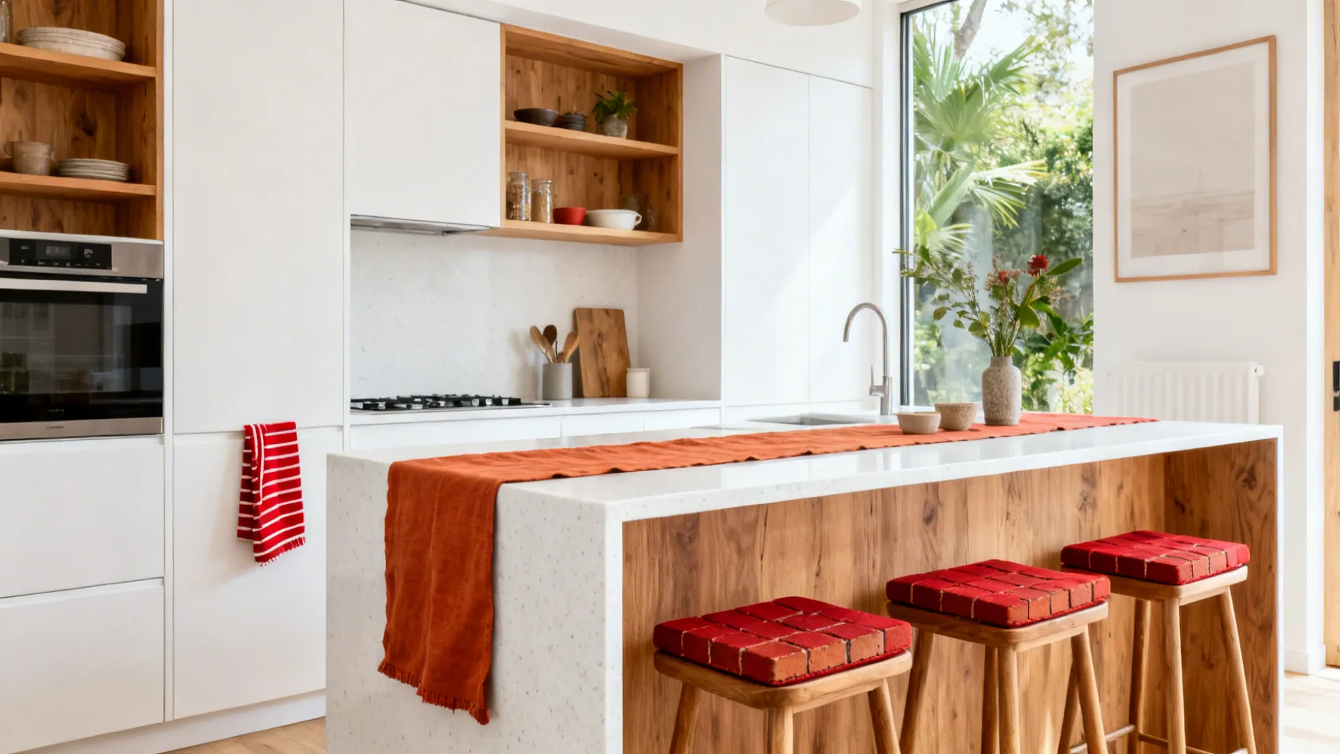 Scandi-style white kitchen with oak shelves and muted red textiles for warmth.
