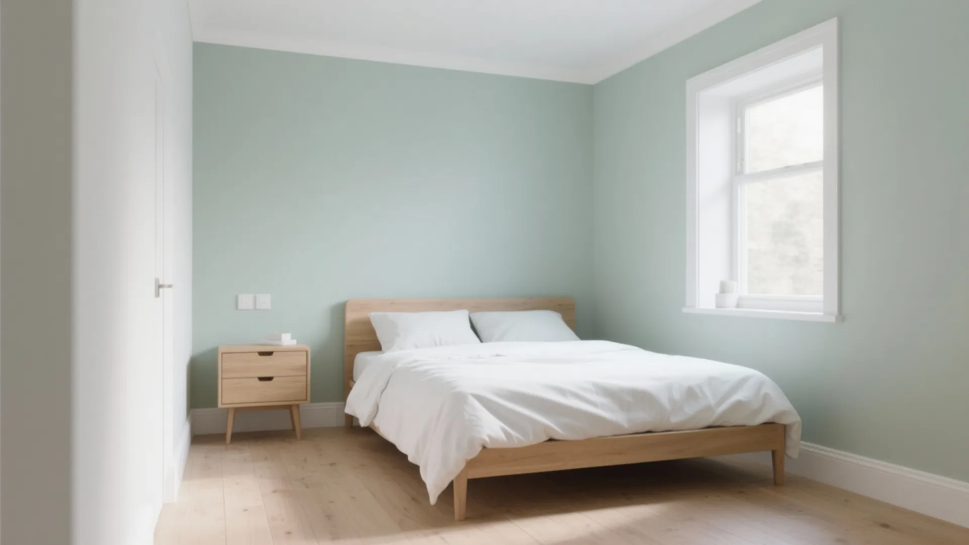 Minimalist bedroom with light green walls wooden bed white bedding side table and a window
