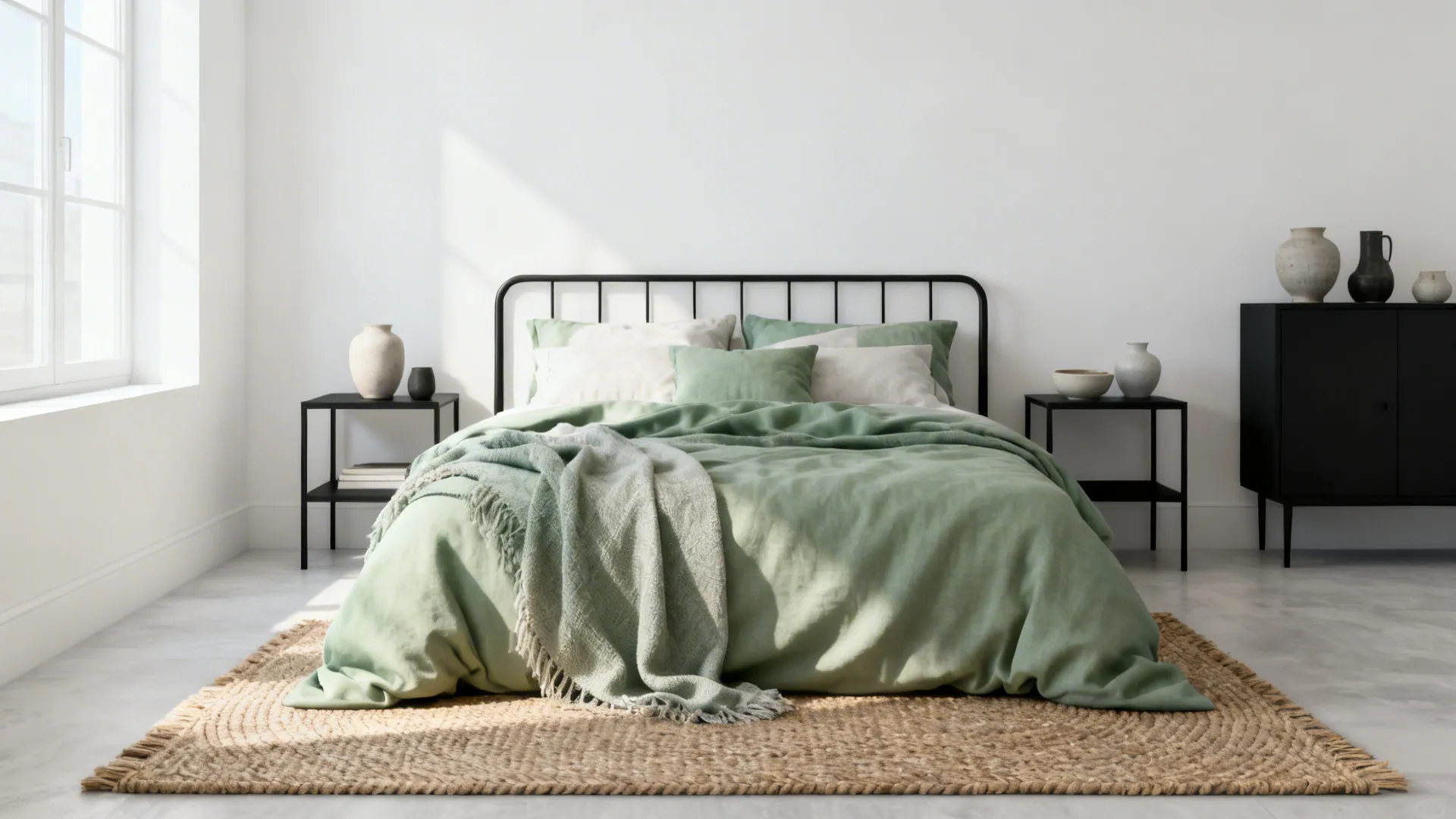 Minimal Scandinavian bedroom with white walls, black furniture and sage bedding