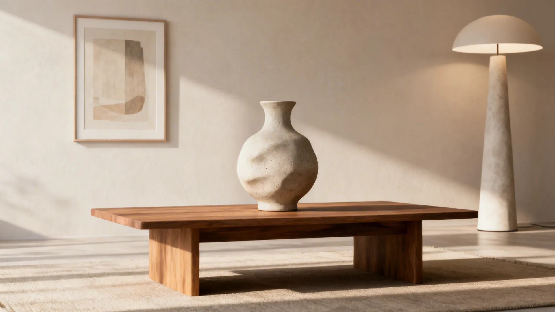 Minimal still-life with a sculptural ceramic vase and a statement lamp in a Scandinavian room.