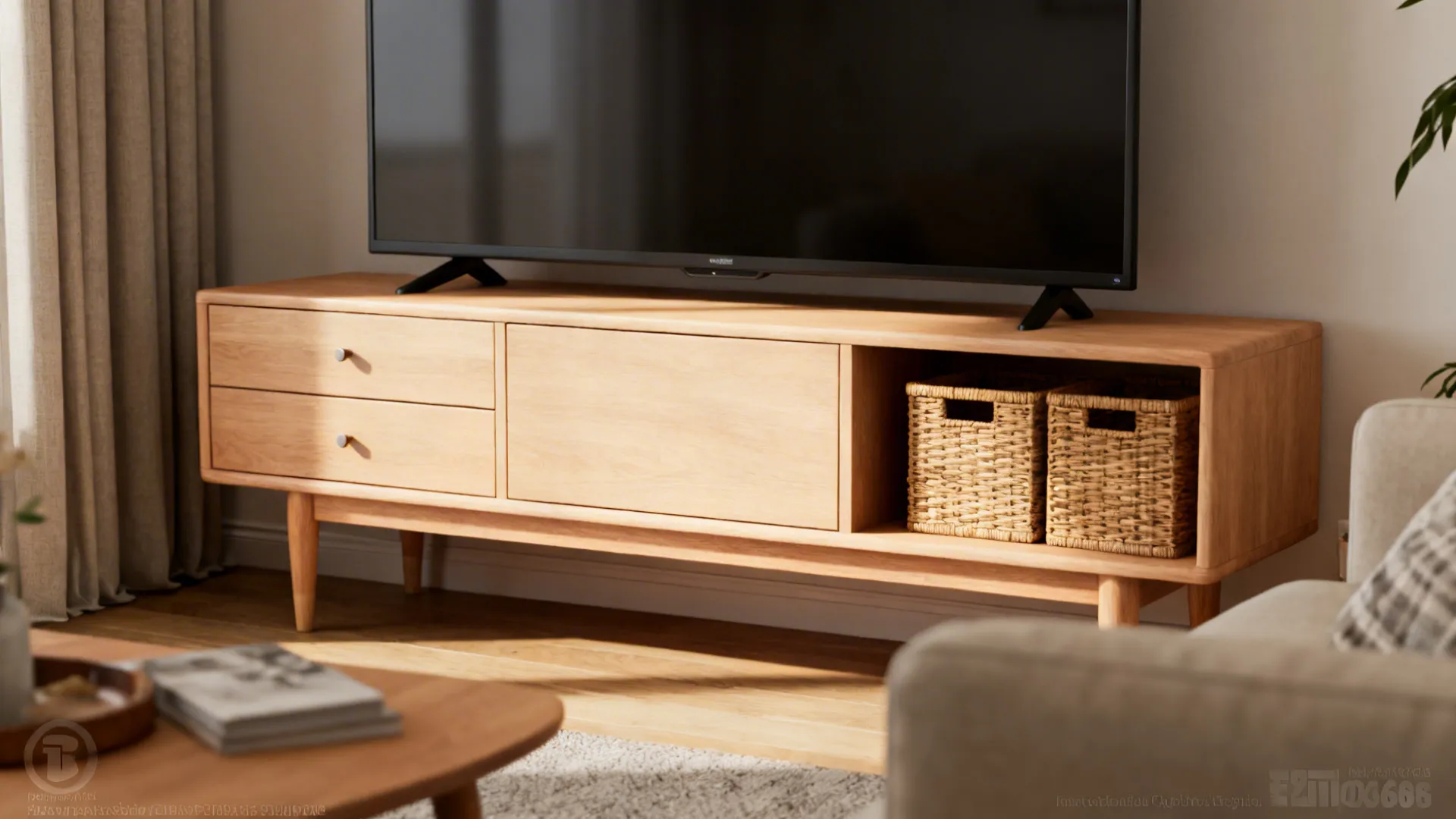 Low Scandinavian sideboard with closed storage and open shelves holding baskets and decor beneath a mounted TV.